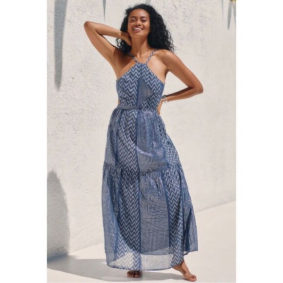 NEW Anthropologie Mahila Reva Blue Metallic Cut Out Halter Maxi Dress X-Large - Picture 1 of 4